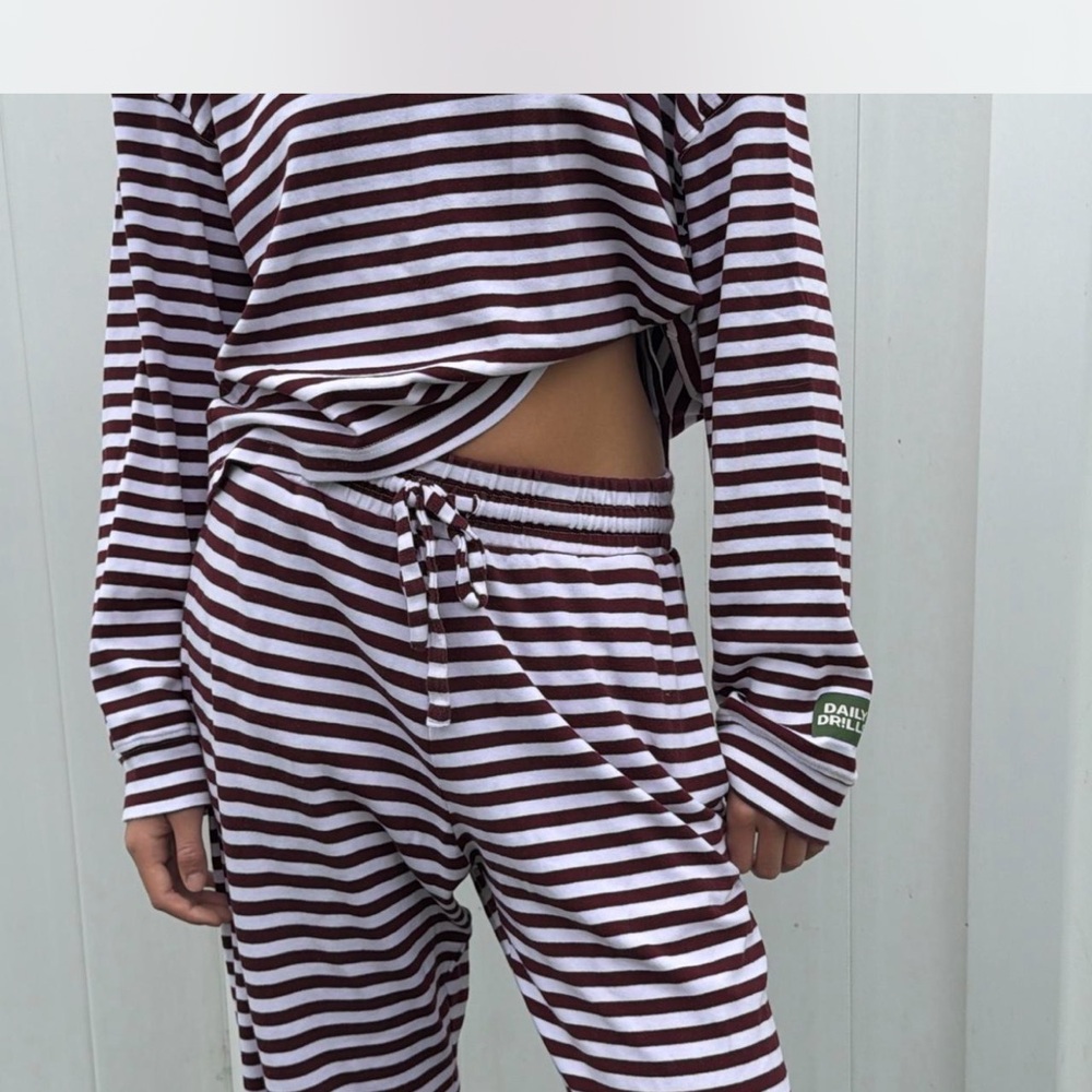 Daily Drills Striped Long Sleeve Lounge Set in White and Burgundy